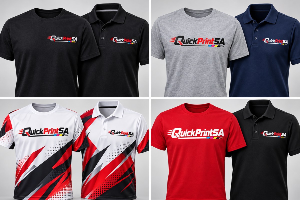 QuickPrintSA branded T-shirts and golf shirts showing embroidery, DTF, sublimation and screen printing
