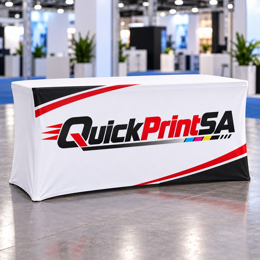 QuickPrintSA branded tablecloth on a display table