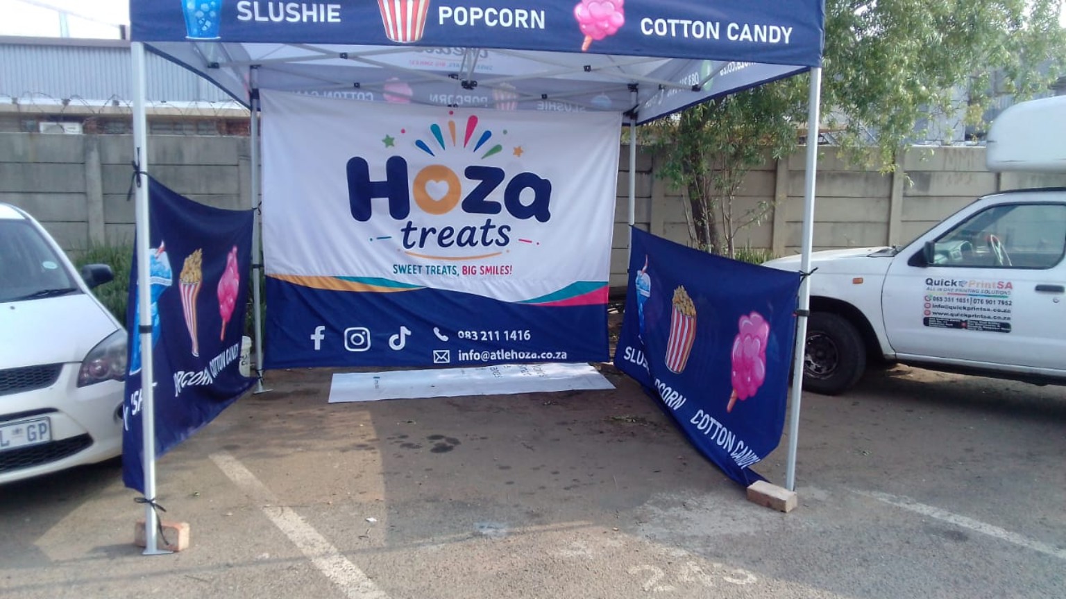 Hoza Treats gazebo with printed canopy, back panel and side walls